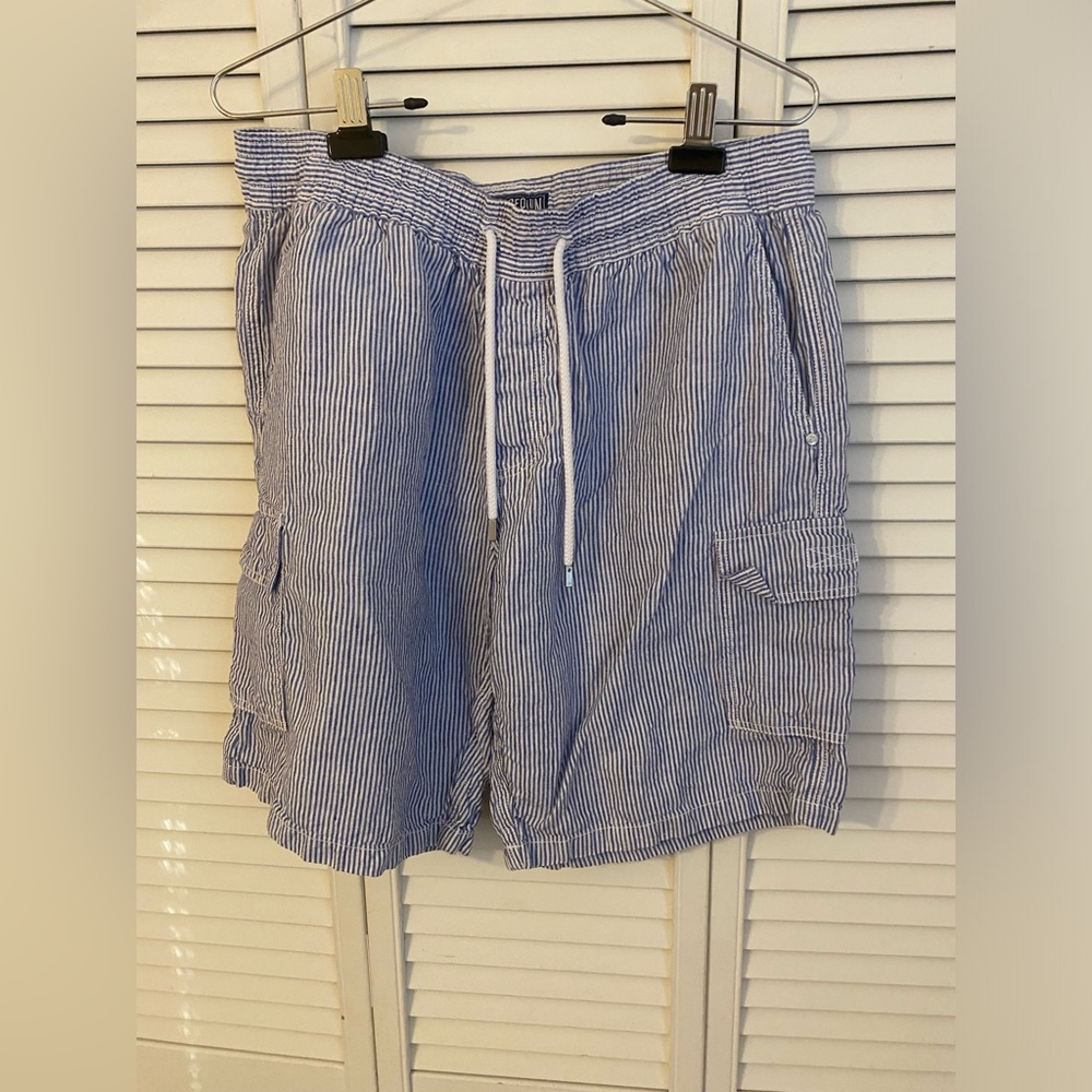 Vilebrequin Mens Linen Flax Cargo Shorts XL Blue White Striped Cabana Resort